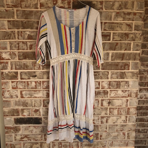 ZARA Combined Striped Lace Boho Mod MIDI Dress M - Picture 5 of 15